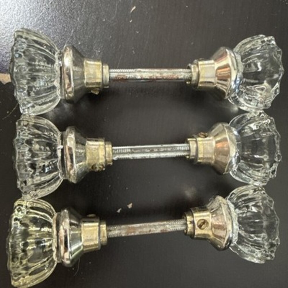 Vintage Clear Glass Door Knob Set Of 3 w/ Nickel Plated Brass Hardware Salvage - Picture 2 of 10